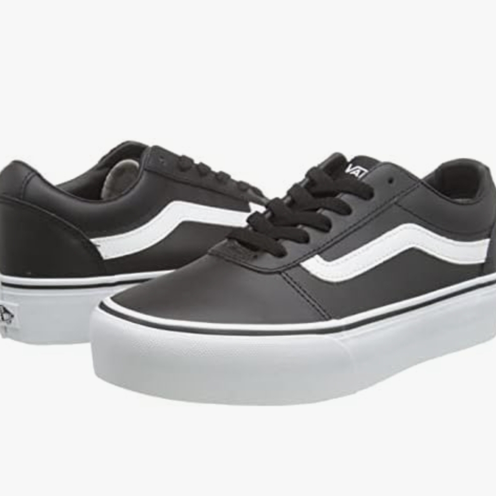 New Vans Women's Ward Platform Black/White Tumbled Leather Shoes Size Women 7